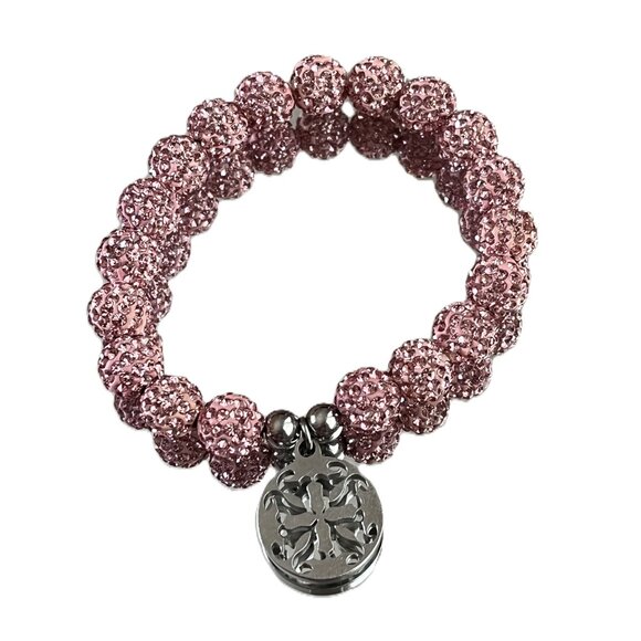 Rustic Cuff Metal Stainless Steel Shambala Beaded Stretch Bracelet pink - Picture 1 of 3